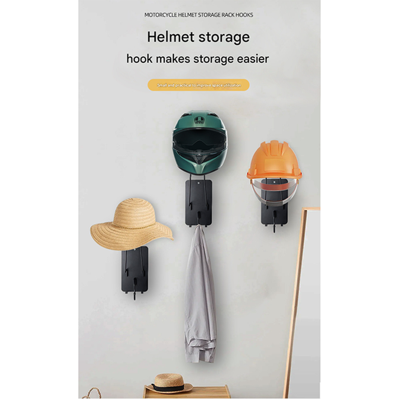 Type Wall Mounted Motorcycle Helmet Holder Heavy Duty Gear Rack With Jacket Hook