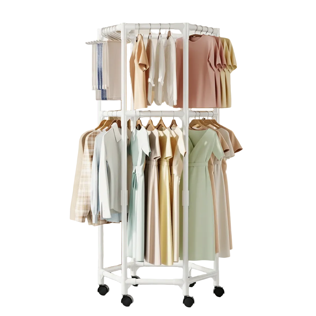 White Double Layer 360 Rotating Portable Garment Rack - Heavy Duty Rolling Clothes Stand With Wheels For Bedroom & Laund