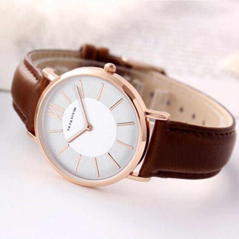 Va 3602 Simple Casual Strip Scale Women's Belt Quartz Watch Brown