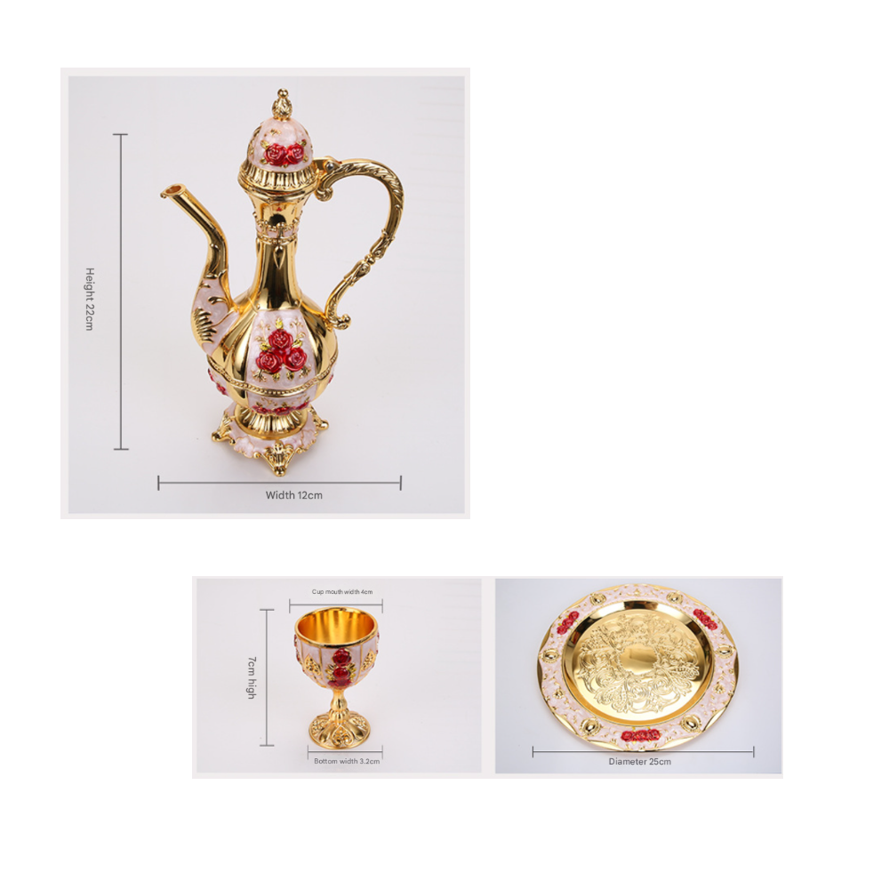 Palace Style Liquor Serving Set Metal Pot 6 Cups & Tray Silver