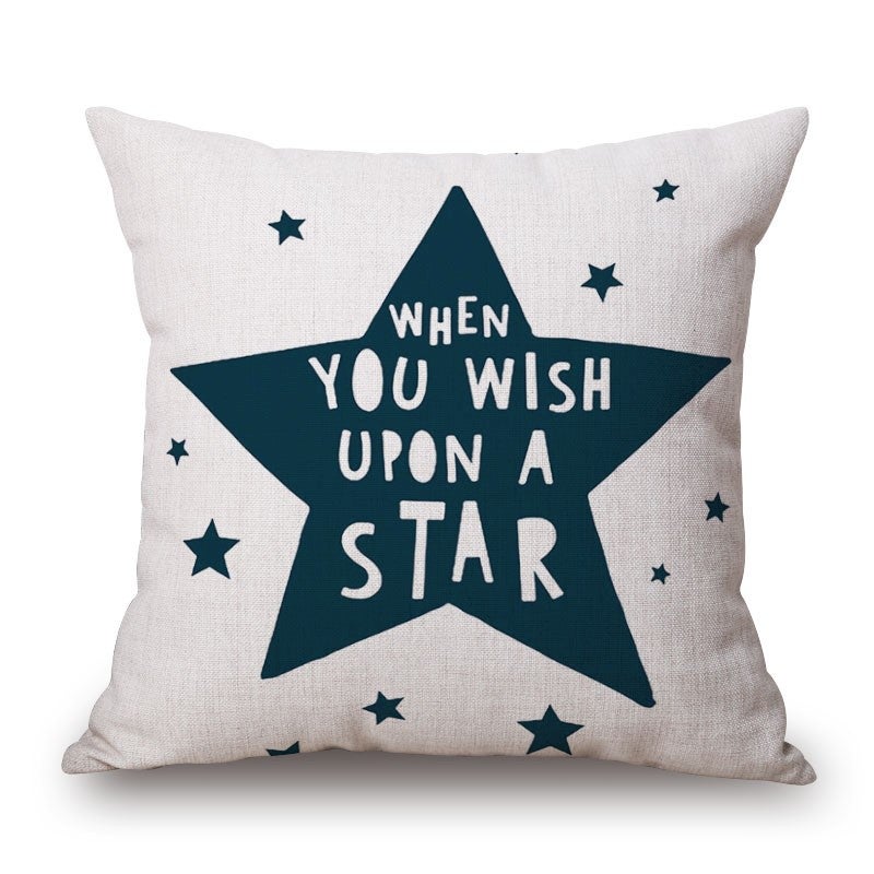 When You Wish Upon A Star Print On Blue Cotton Linen Pillow Cover