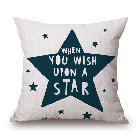 When You Wish Upon A Star Print On Blue Cotton Linen Pillow Cover
