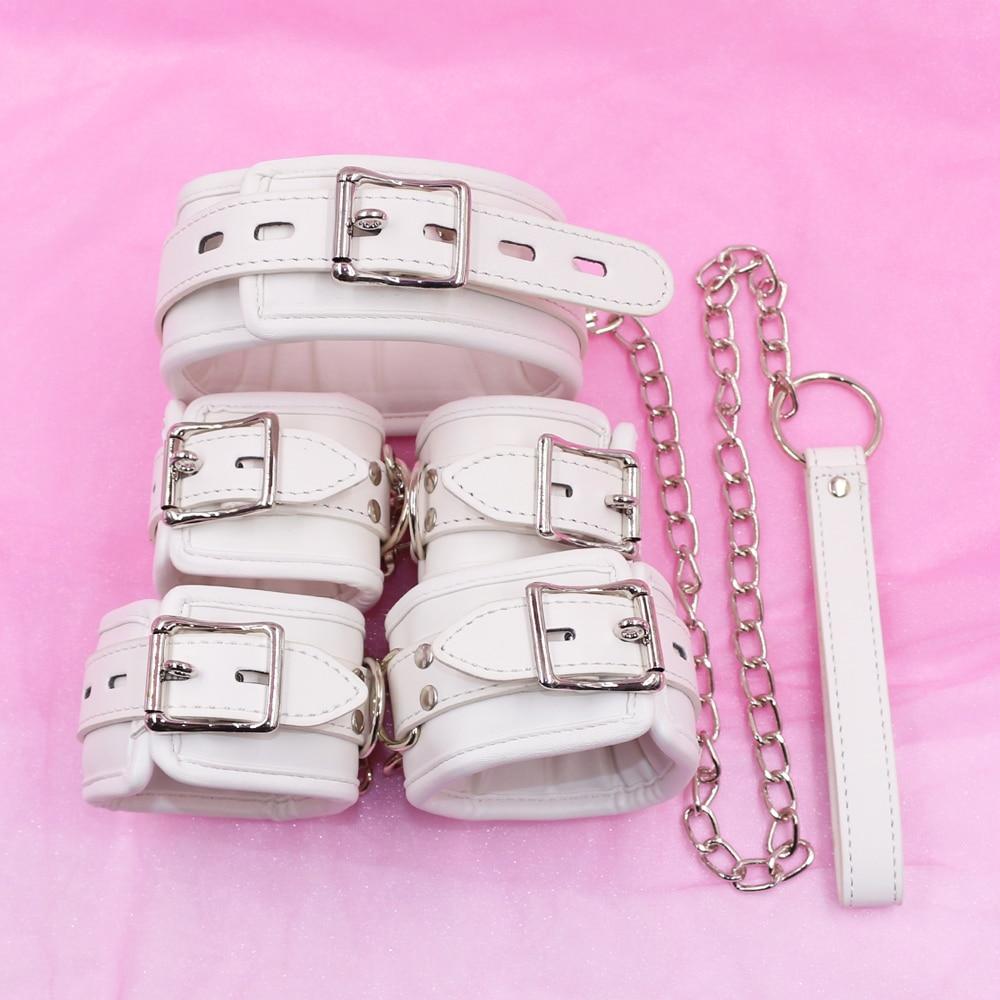 White Padded Collar Cuffs Ankle Wrist Leash Bondage Kink Bdsm Kit