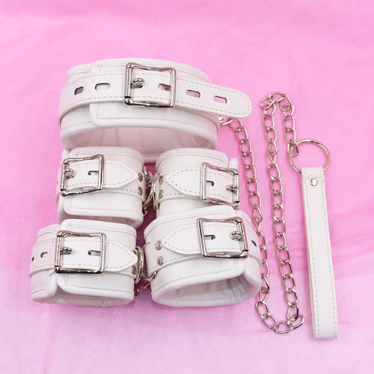 White Padded Collar Cuffs Ankle Wrist Leash Bondage Kink Bdsm Kit