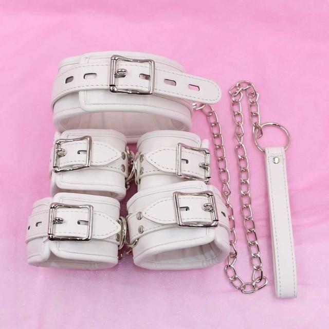 White Padded Collar Cuffs Ankle Wrist Leash Bondage Kink Bdsm Kit