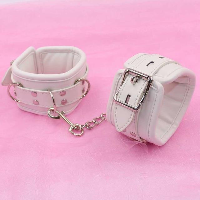 White Padded Collar Cuffs Ankle Wrist Leash Bondage Kink Bdsm Kit