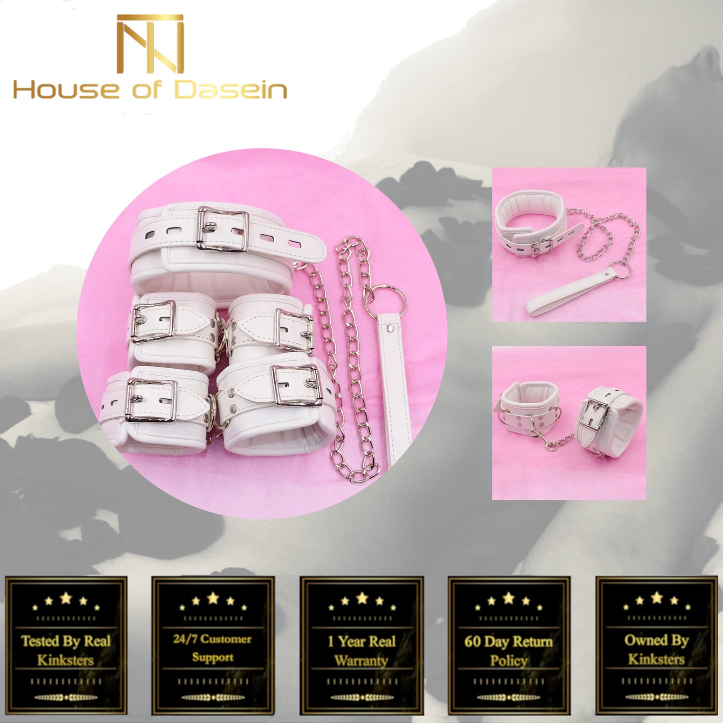 White Padded Collar Cuffs Ankle Wrist Leash Bondage Kink Bdsm Kit