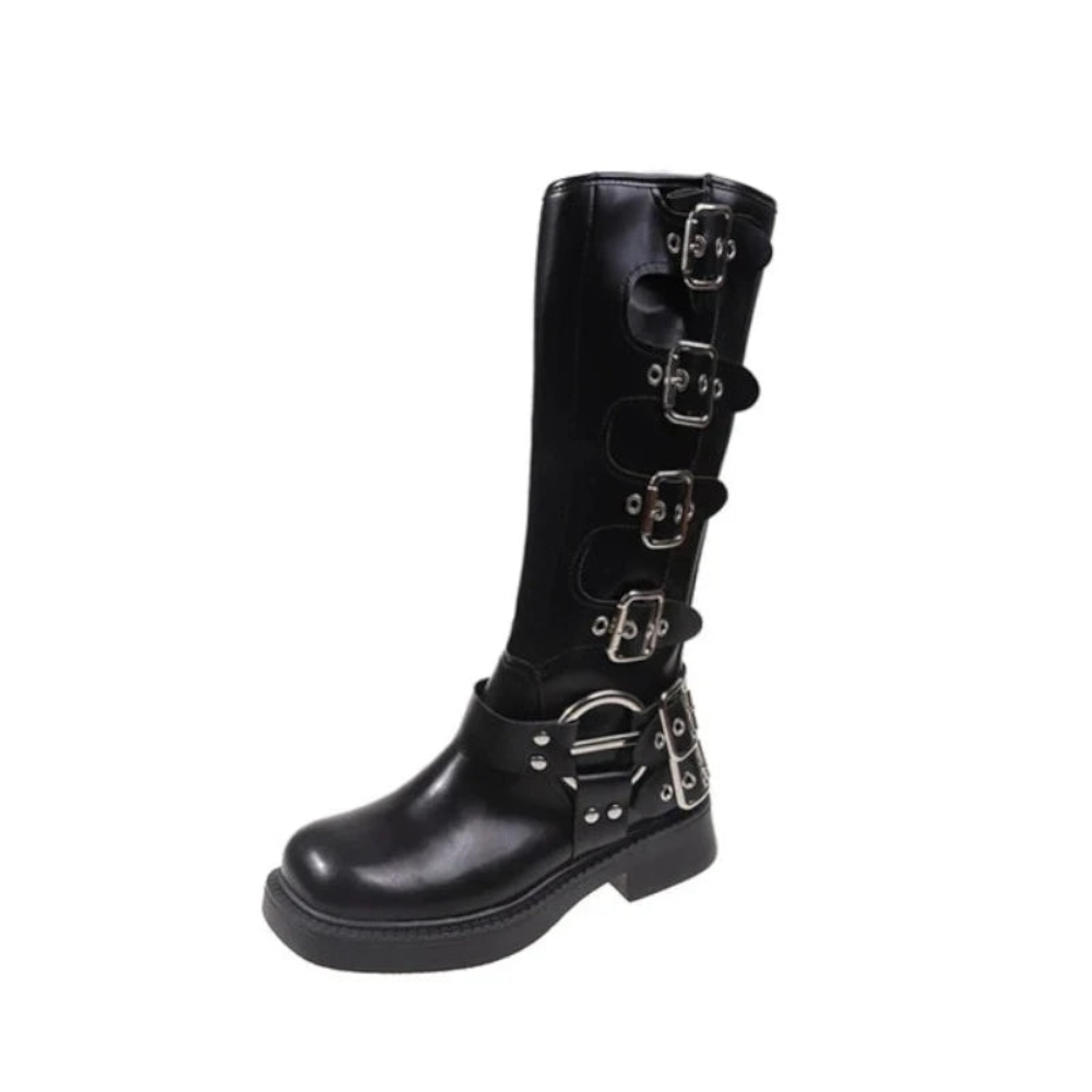 Woman Boots Knee High Platform Low Heel Punk Gothic New Rock Leather Motorcycle Footwear