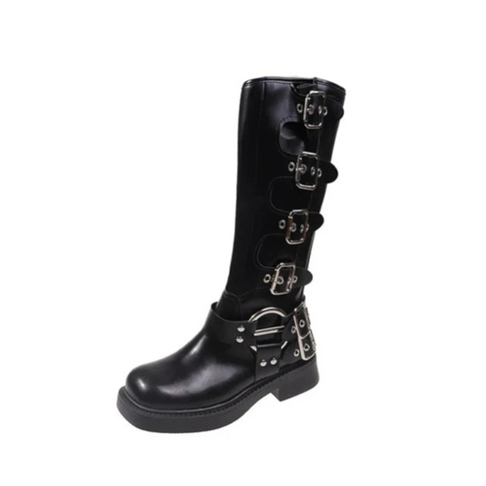 Woman Boots Knee High Platform Low Heel Punk Gothic New Rock Leather Motorcycle Footwear