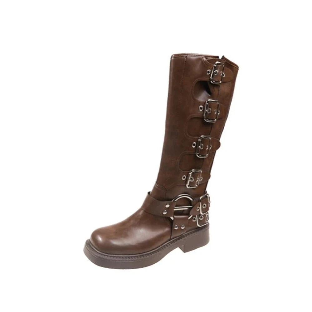 Woman Boots Knee High Platform Low Heel Punk Gothic New Rock Leather Motorcycle Footwear