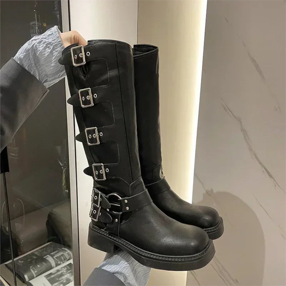 Woman Boots Knee High Platform Low Heel Punk Gothic New Rock Leather Motorcycle Footwear