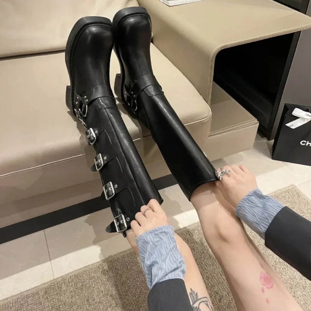 Woman Boots Knee High Platform Low Heel Punk Gothic New Rock Leather Motorcycle Footwear