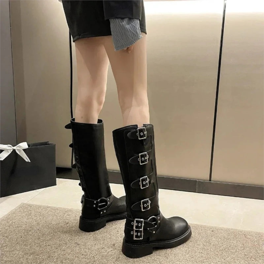 Woman Boots Knee High Platform Low Heel Punk Gothic New Rock Leather Motorcycle Footwear