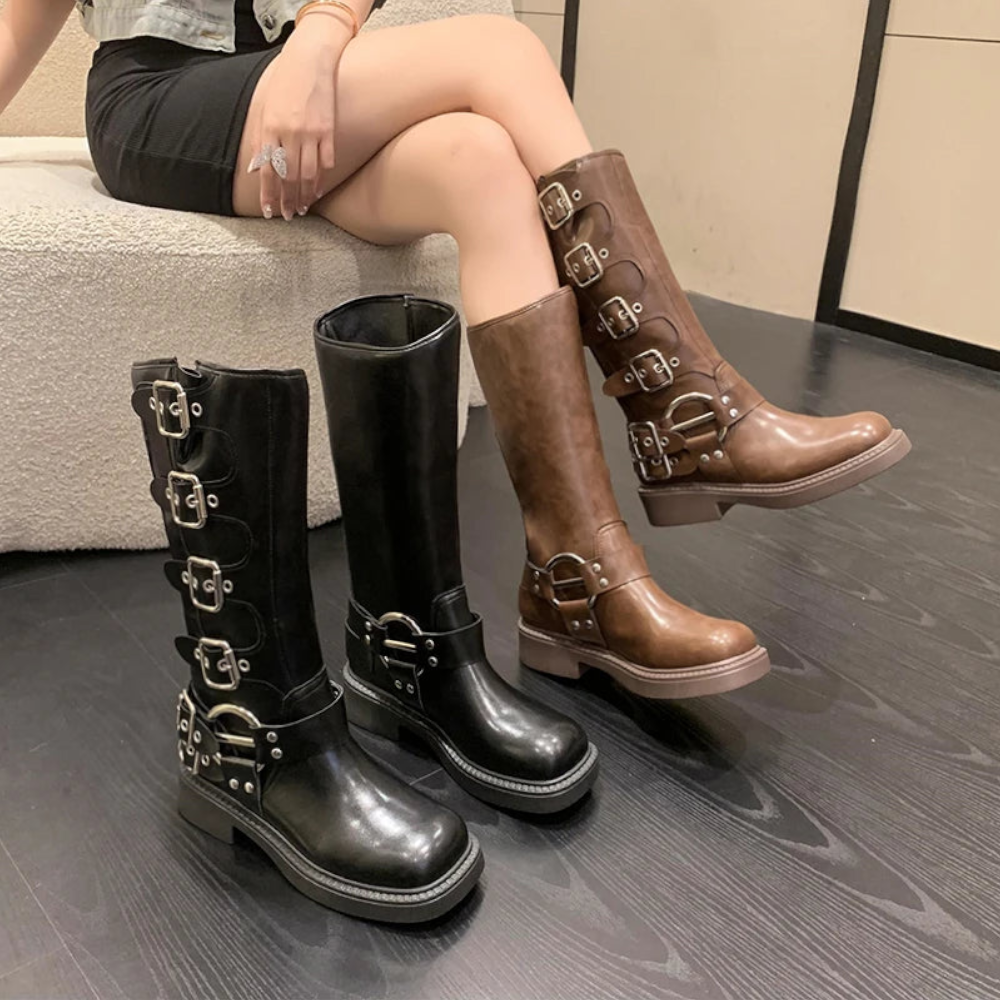 Woman Boots Knee High Platform Low Heel Punk Gothic New Rock Leather Motorcycle Footwear