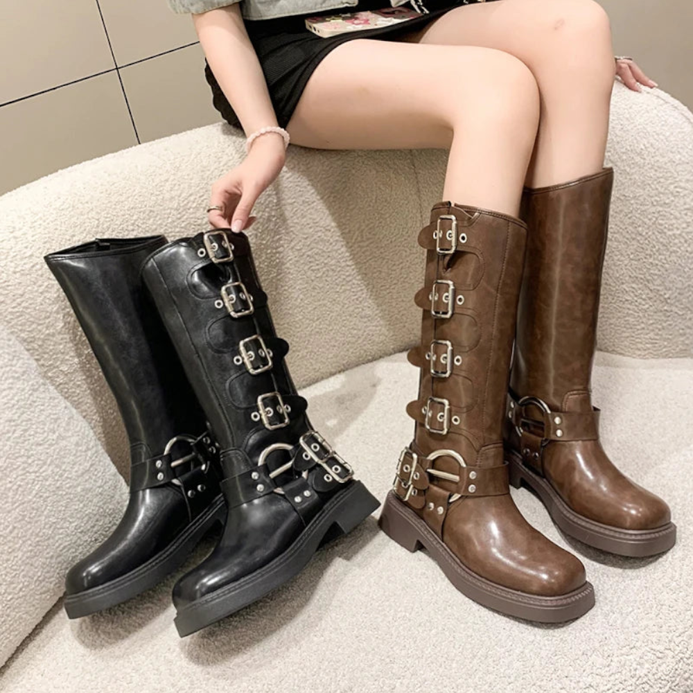 Woman Boots Knee High Platform Low Heel Punk Gothic New Rock Leather Motorcycle Footwear