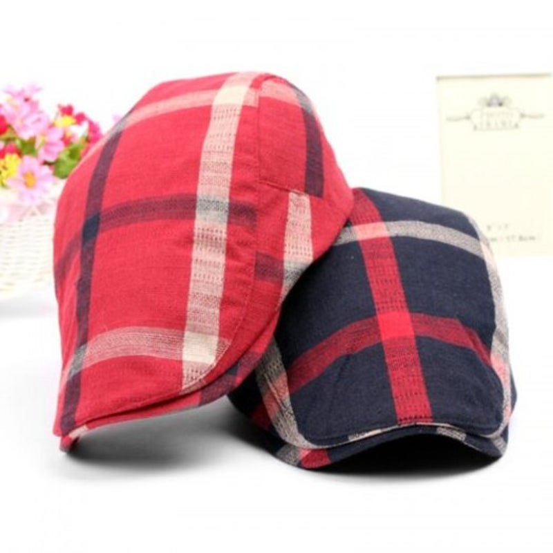 Women Grid Casual Outdoor Visor Forward Hat Flat Cap Beret Red