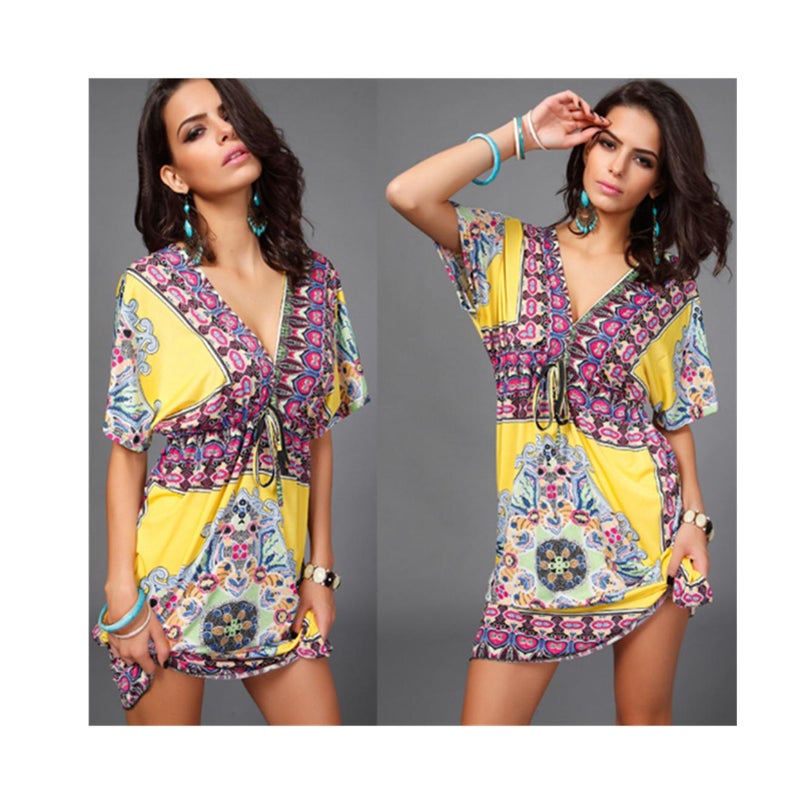 Women's Deep V Neck Bohemian Floral Print Beach Dress Yellow