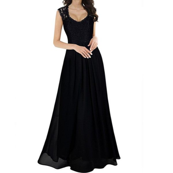 Women's Casual Deep V Neck Sleeveless Vintage Wedding Maxi Dress