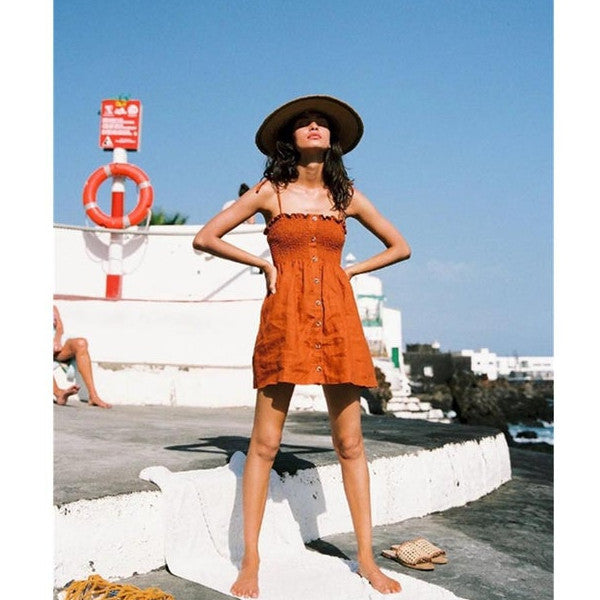 Women's Casual Summer Dress Cotton Flattering A Line Strap Midi Sundress Orange