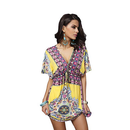 Women's Deep V Neck Bohemian Floral Print Beach Dress Yellow