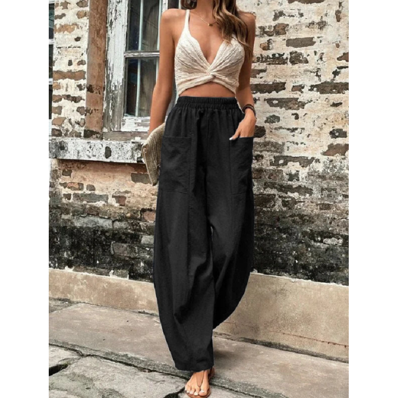 Women's Harem Pants With Pockets High Waisted Casual Beach Loose Trousers Summer