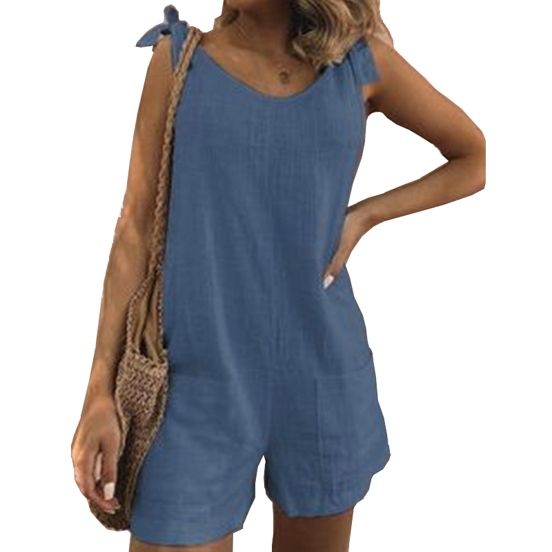 Women's Solid Color Cotton And Linen Patch Pocket Loose Jumpsuit