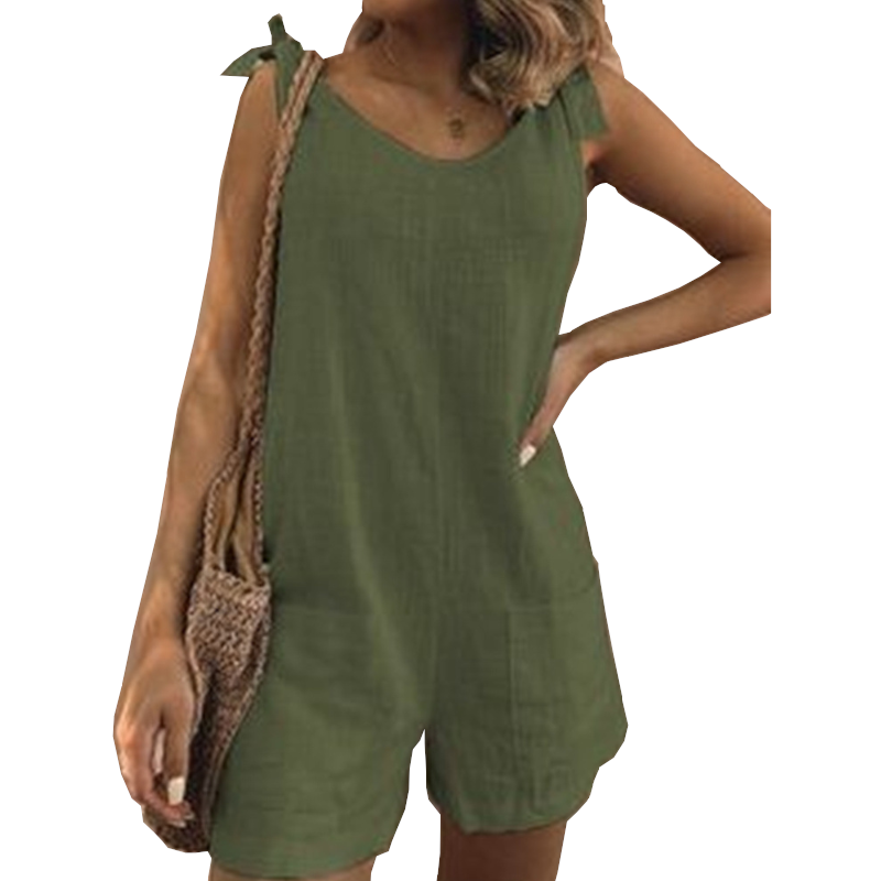 Women's Solid Color Cotton And Linen Patch Pocket Loose Jumpsuit