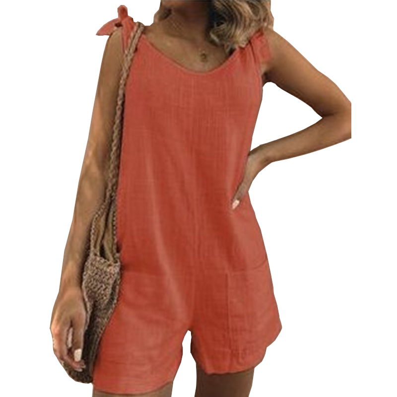 Women's Solid Color Cotton And Linen Patch Pocket Loose Jumpsuit
