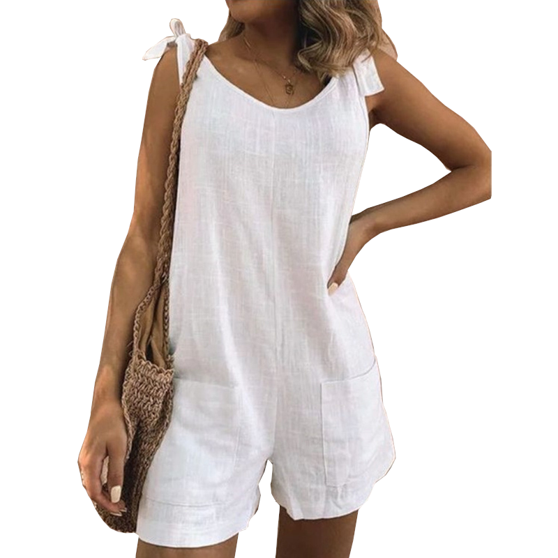 Women's Solid Color Cotton And Linen Patch Pocket Loose Jumpsuit