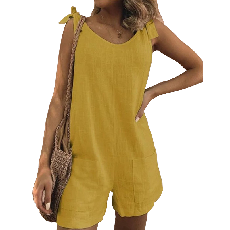 Women's Solid Color Cotton And Linen Patch Pocket Loose Jumpsuit