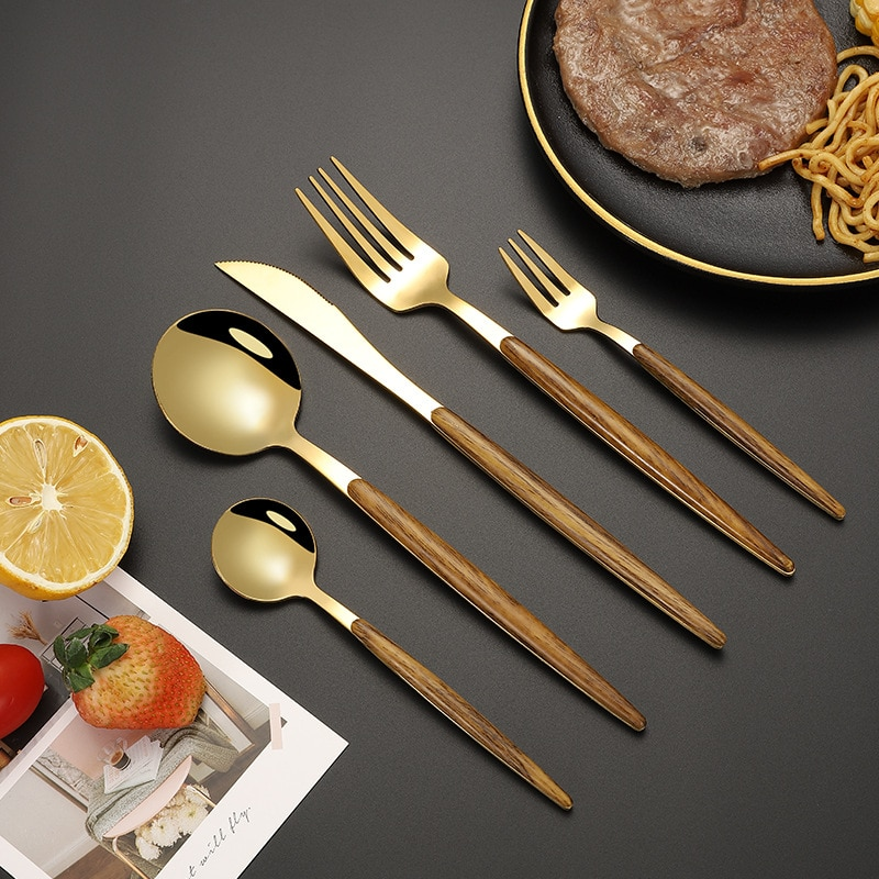 Stainless Steel Gold Dinnerware Cutlery Set Handle Fork Spoon Knife