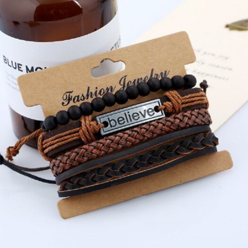 4 Pieces Beads Braided Leather Believe Charm Bracelet For Men Deep Coffee