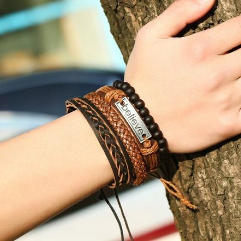 4 Pieces Beads Braided Leather Believe Charm Bracelet For Men Deep Coffee