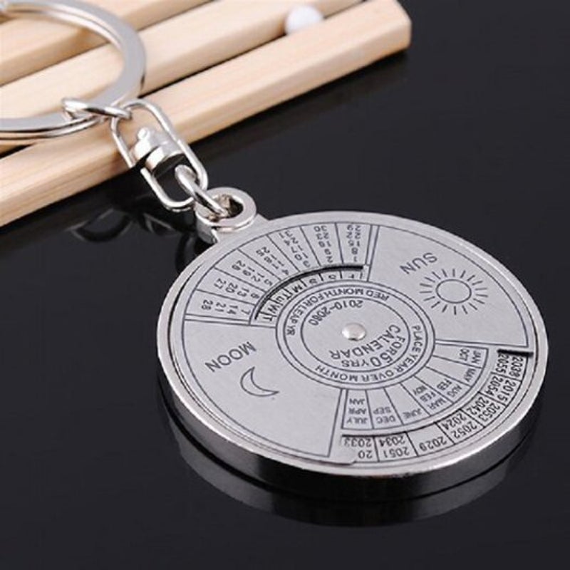 50 Years Perpetual Calendar Keyring Keychain Silver Alloy Chain Ring