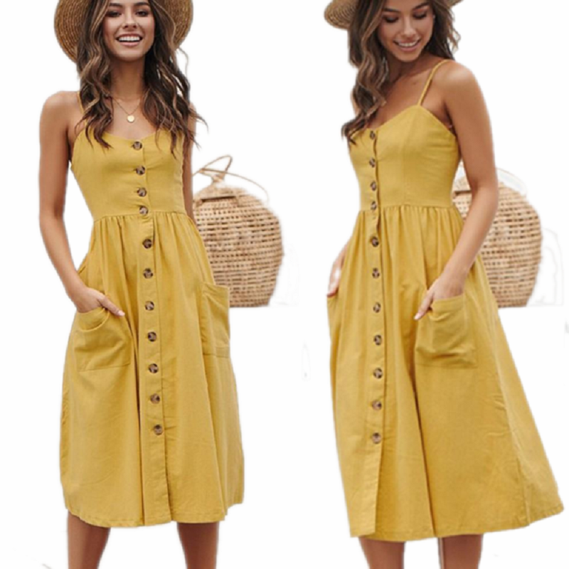Yellow Boho Cotton Casual Midi Sundress Women Summer Dress