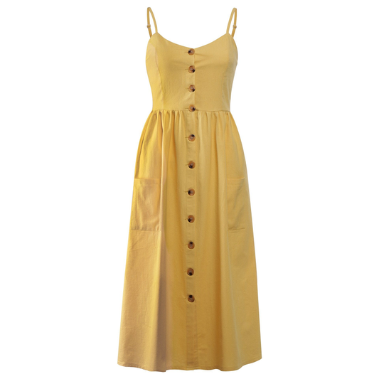 Yellow Boho Cotton Casual Midi Sundress Women Summer Dress
