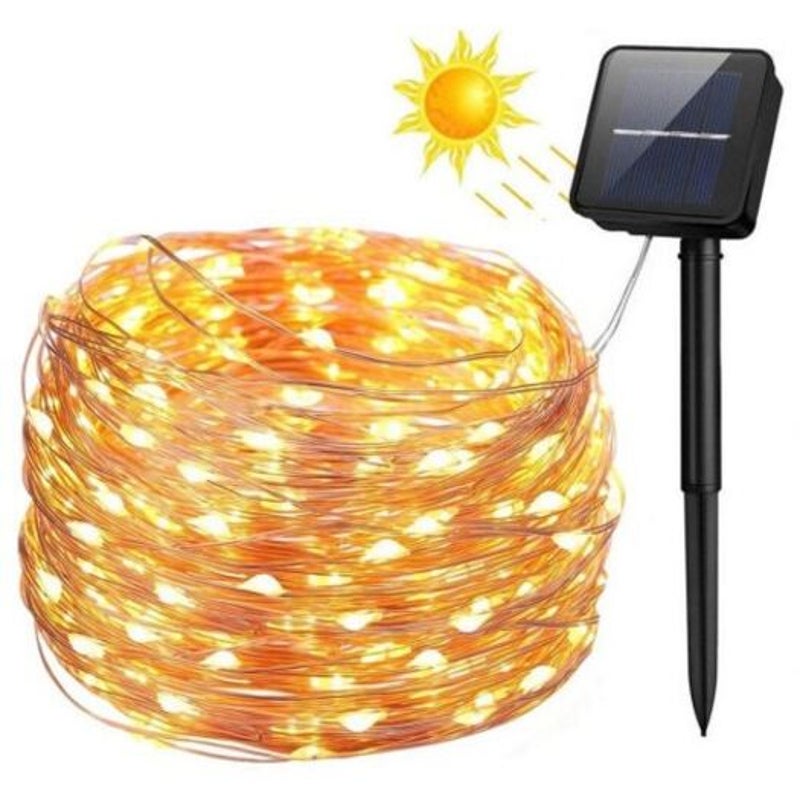 100 Leds10m8 Mode Waterproof Silver Copper Wire Solar Power String Light Warm White