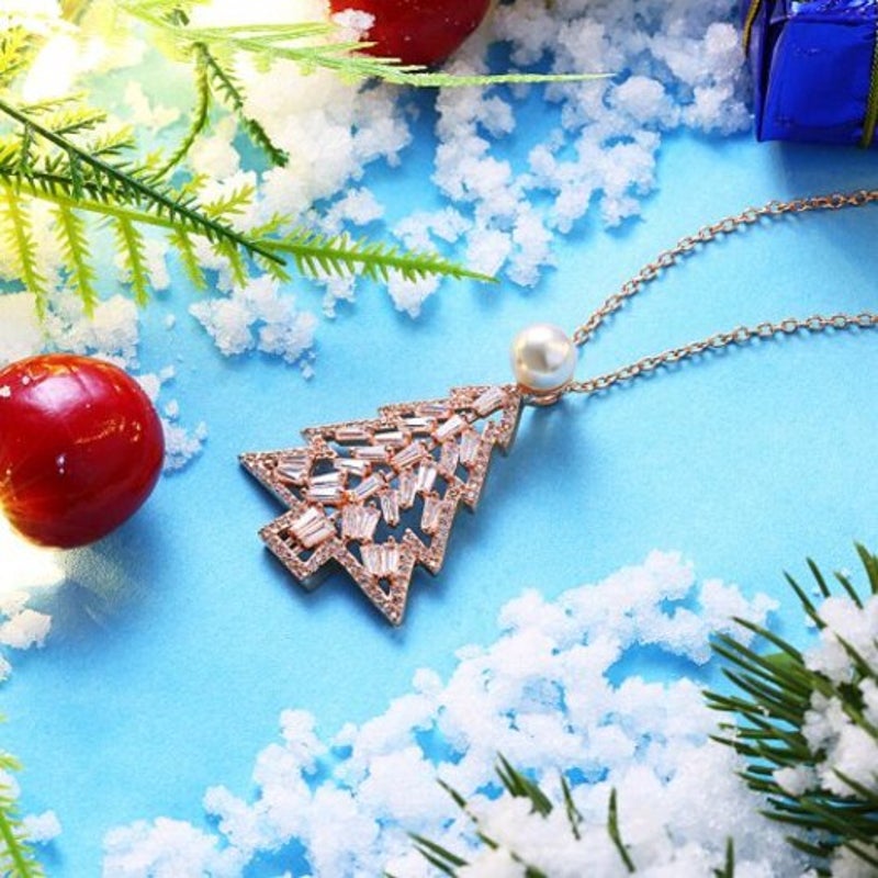 Zircon Christmas Necklace Tree Rose Gold