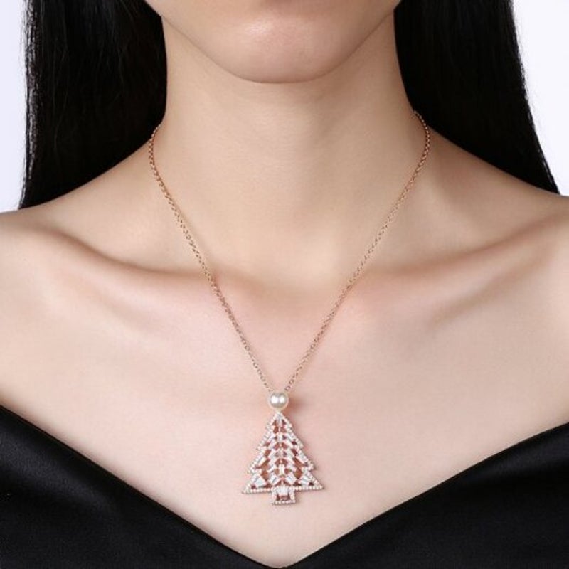 Zircon Christmas Necklace Tree Rose Gold