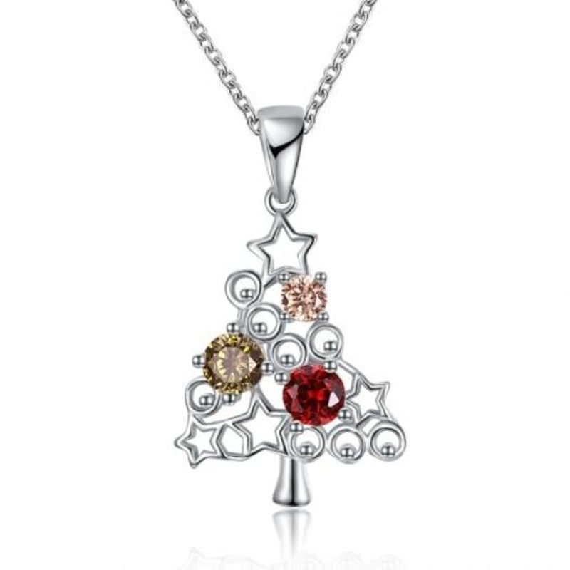 Zircon Christmas Necklace Tree Star Colorful Zirconium Silver