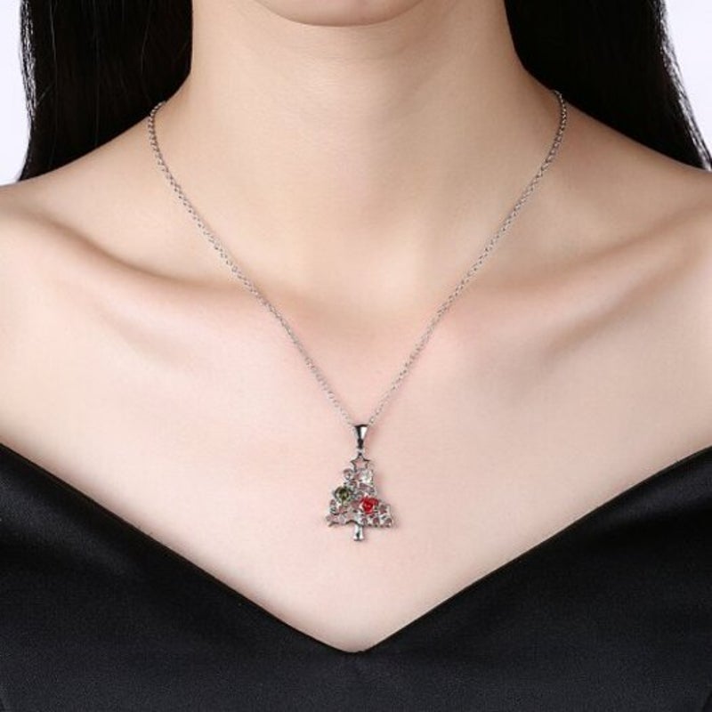 Zircon Christmas Necklace Tree Star Colorful Zirconium Silver
