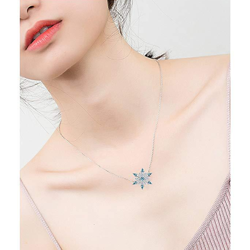 Zircon Blue White Christmas Snowflake Pendant Long Chain Necklace