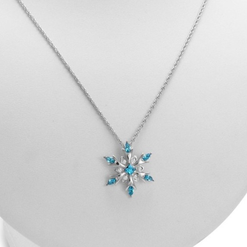Zircon Blue White Christmas Snowflake Pendant Long Chain Necklace