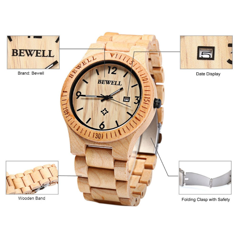 Veile Studios Zs-W086b Wood Watch Men Analog Quartz Movement Date Waterproof Wristwatch